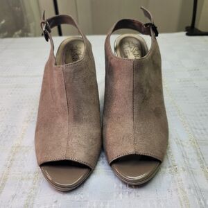 Life Stride Taupe Suede Peep-Toe Slingback Heels